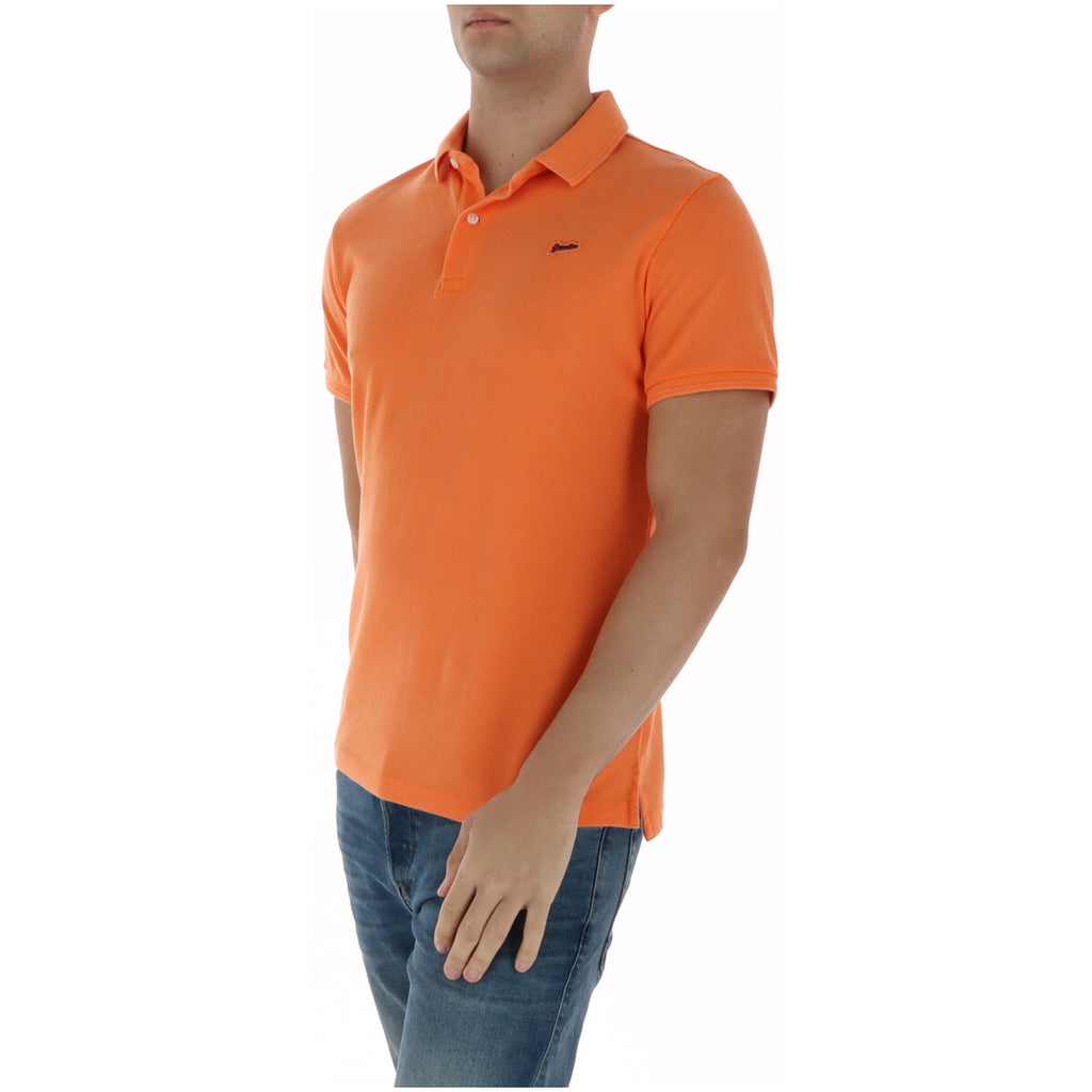 Side view of the orange polo shirt showcasing short sleeves and a collared style on a white background
