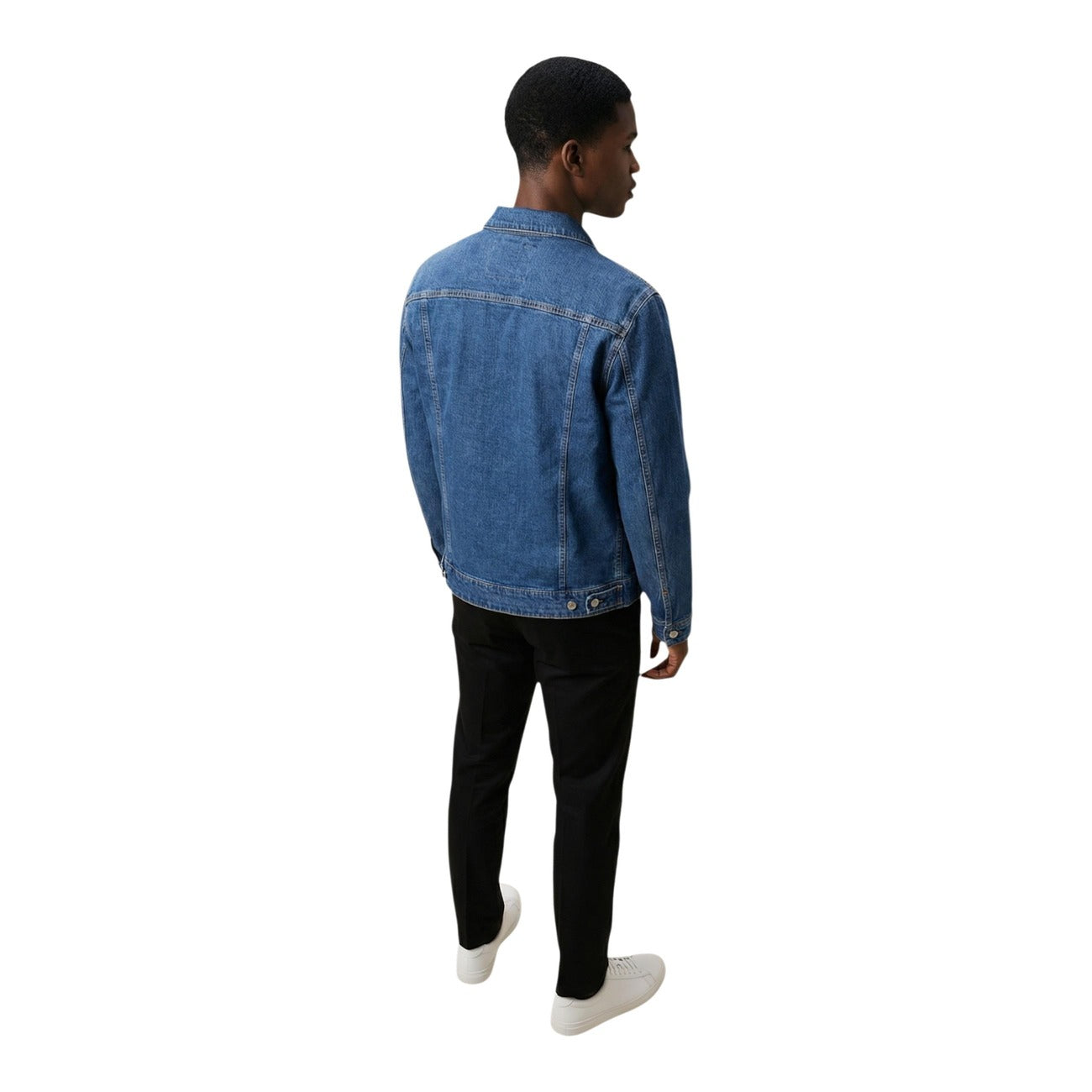 Back view of a blue denim jacket with button closure displayed on a white background