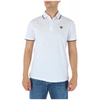 Front view of the white polo shirt with short sleeves and logo on chest.