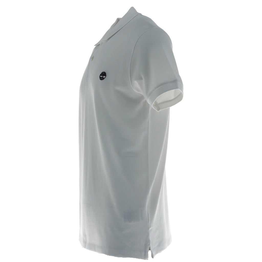 Side view of the light gray polo shirt with a collar and short sleeves displayed on a white background.