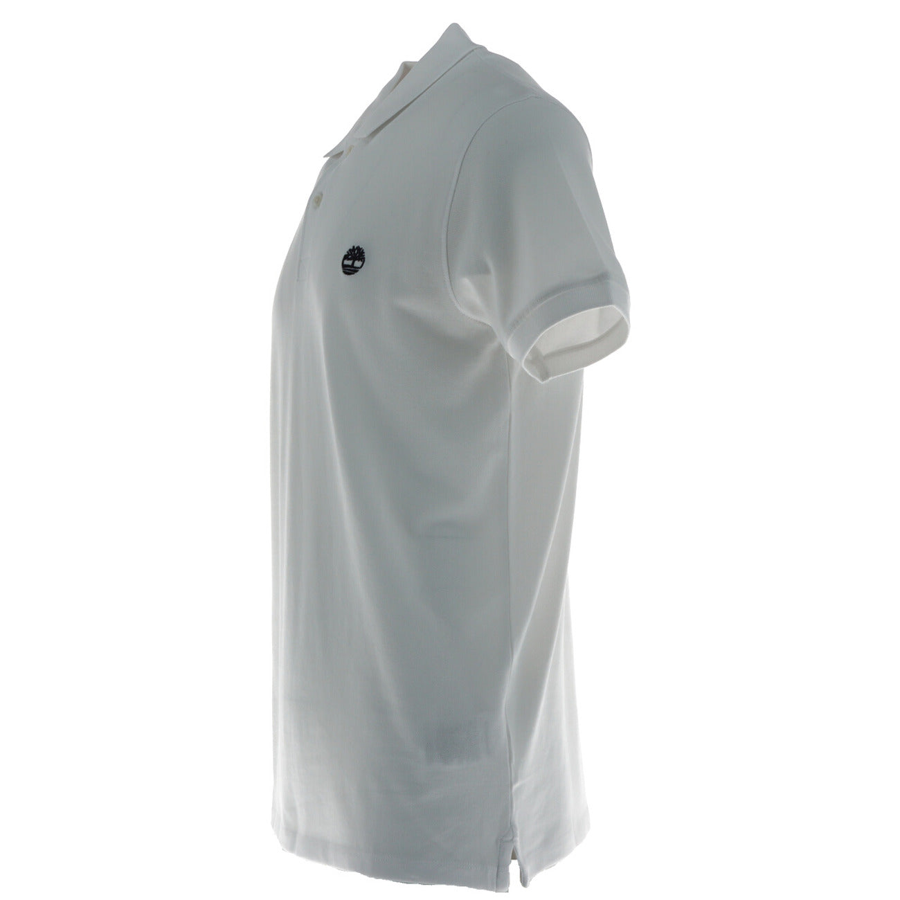 Side view of the light gray polo shirt with a collar and short sleeves displayed on a white background.