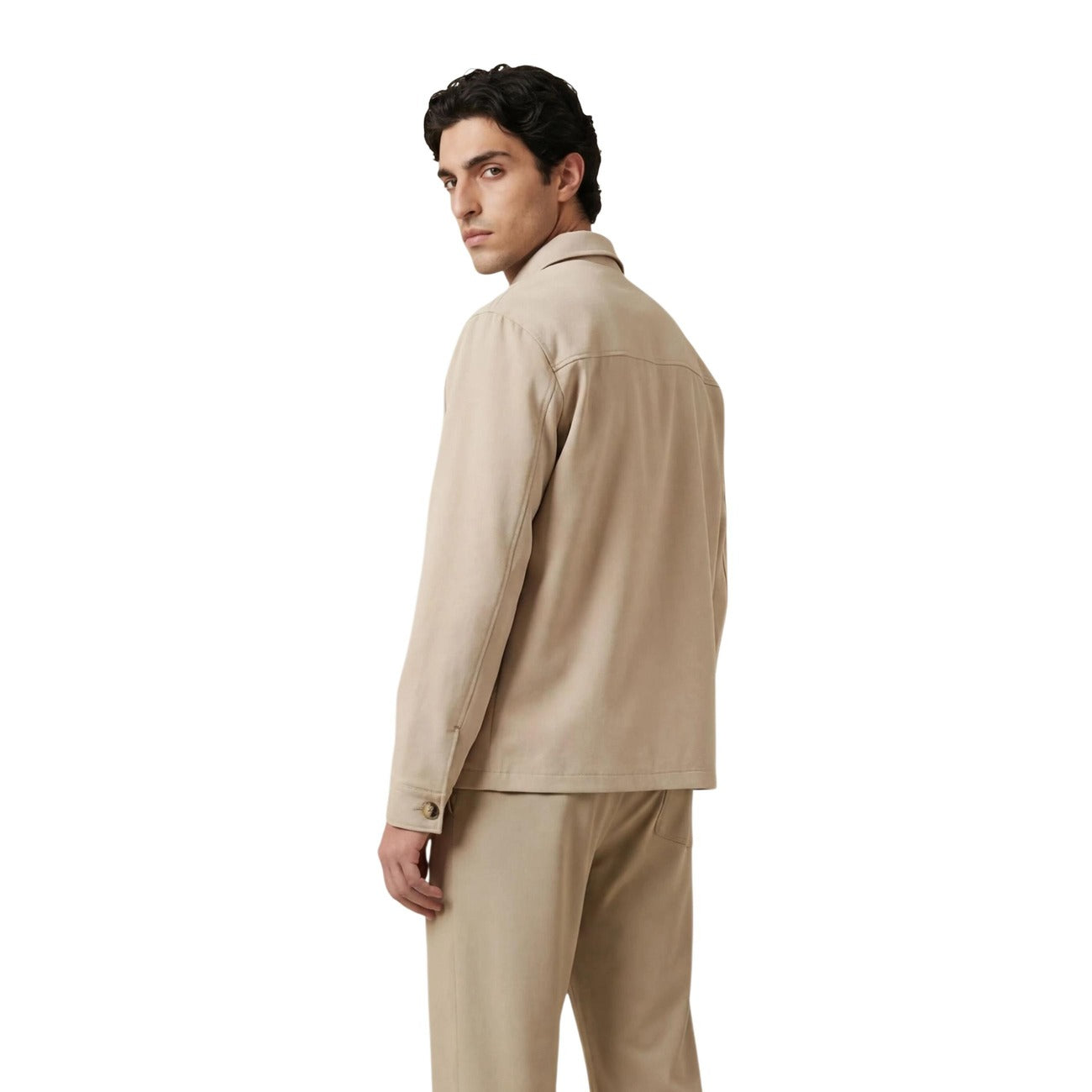Back view of the beige blazer showcasing a simple design and collar on a white background.