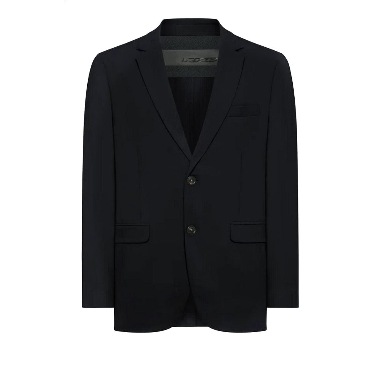 Front view of the blue blazer with buttons and low-cut v-neck on a white background
