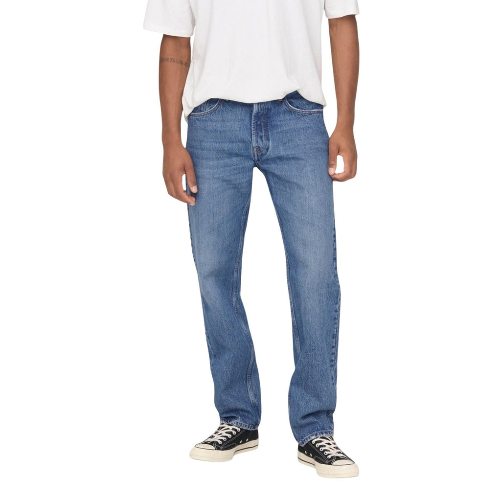 Front view of light blue straight leg jeans with casual fit on a white background