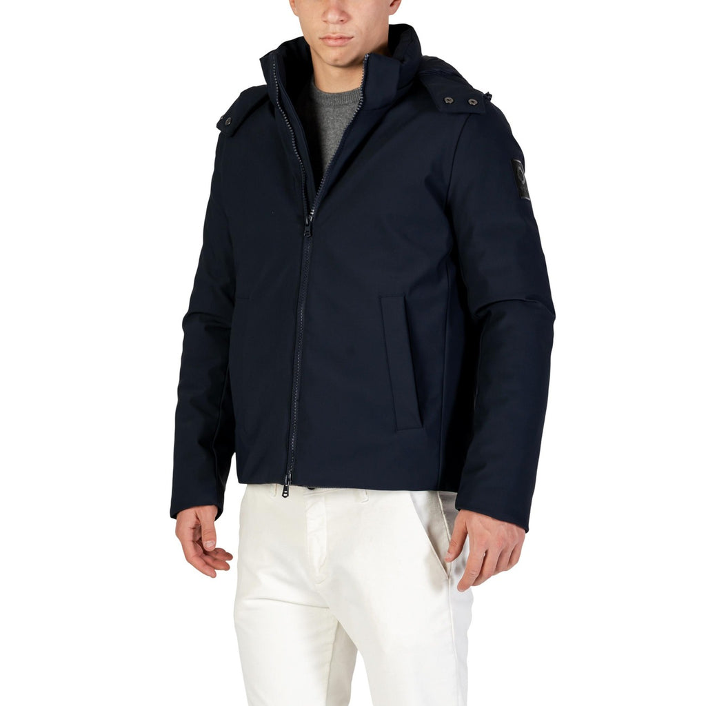 Side view of the navy Yos men's blazer showcasing the zipper closure and hood on a white background