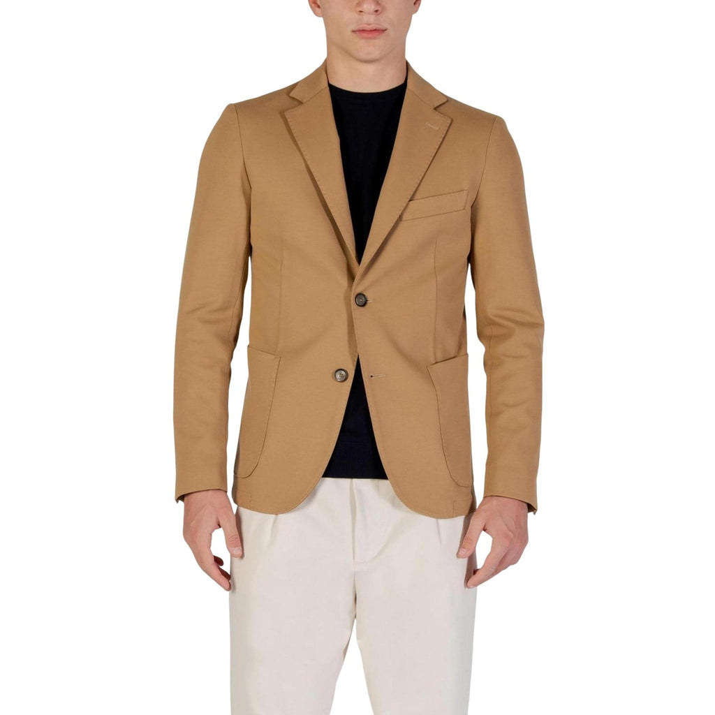 Front view of the beige tan blazer featuring a single button and notched lapel.