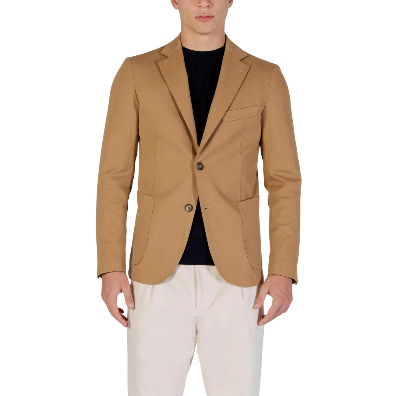 Front view of the beige tan blazer featuring a single button and notched lapel.