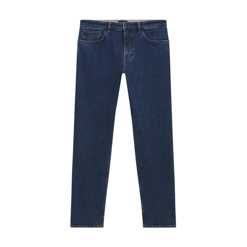 Front view of blue jeans with a zipper fly and belt loops on a white background.
