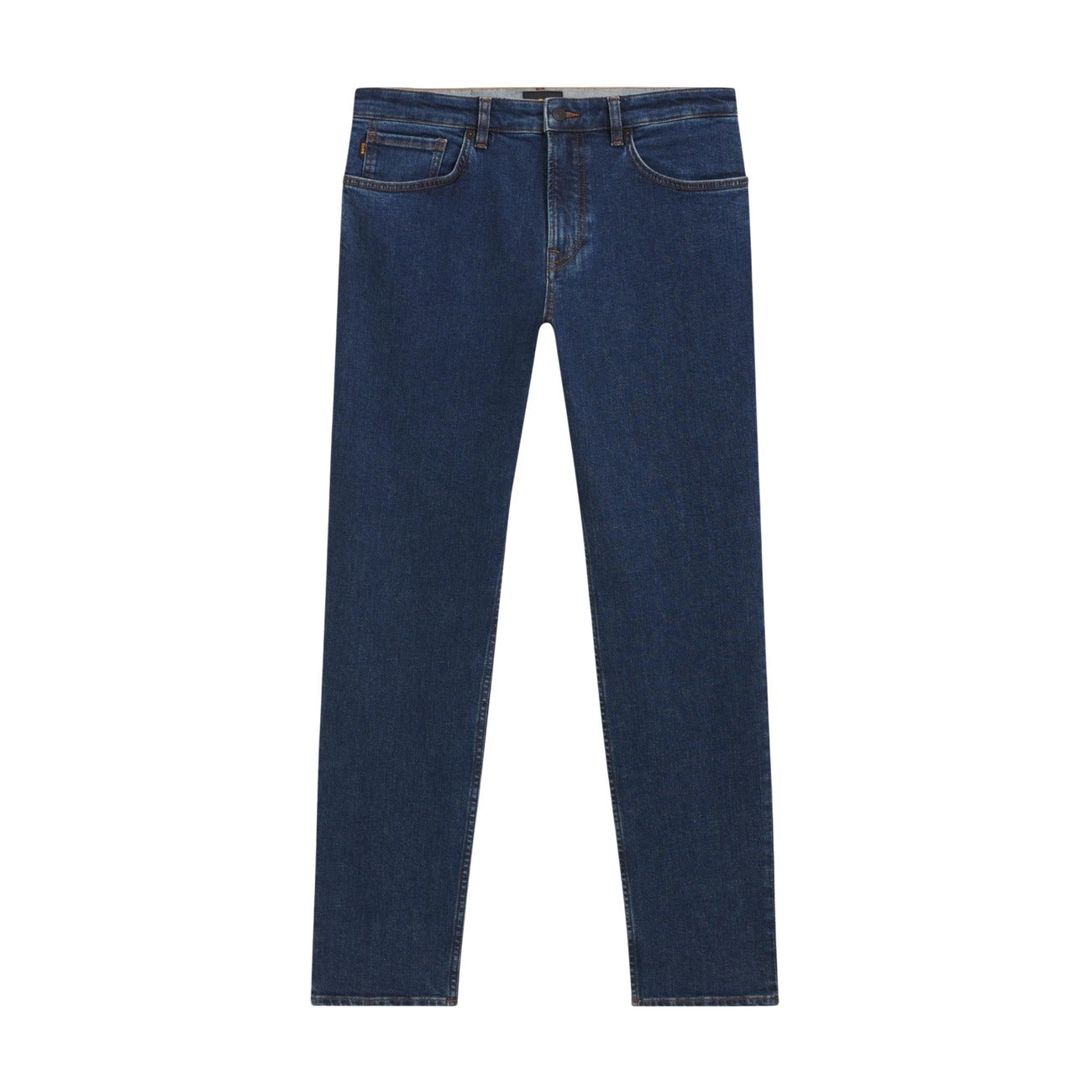 Front view of blue jeans with a zipper fly and belt loops on a white background.