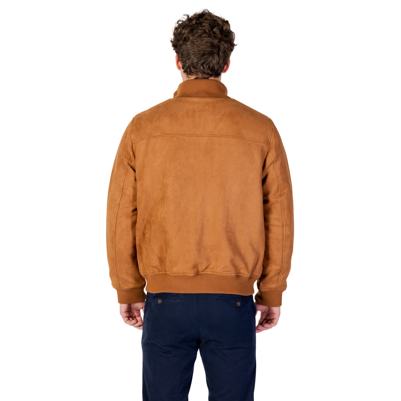 Back view of the beige Yos men's blazer showcasing the collar and elastic cuffs.