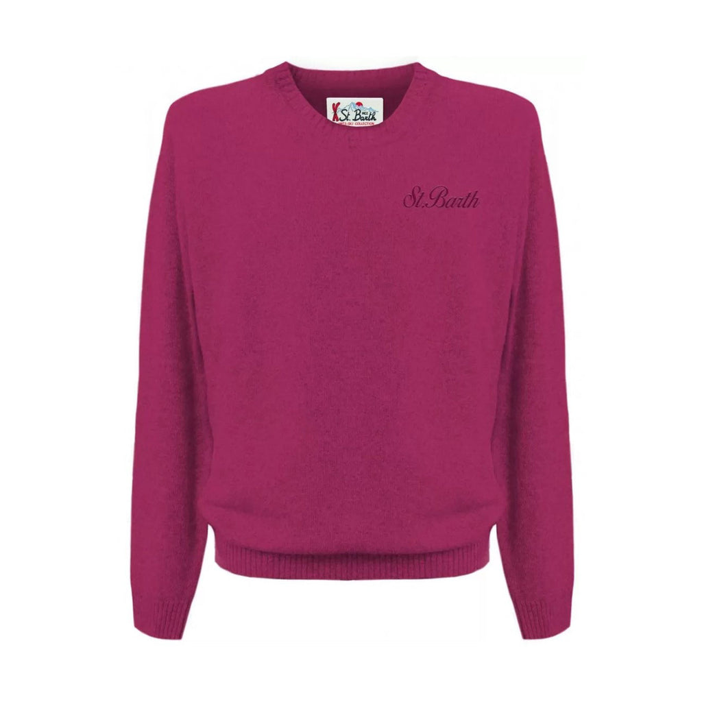 Front view of the fuchsia knitwear with crew neck and embroidered logo on a white background