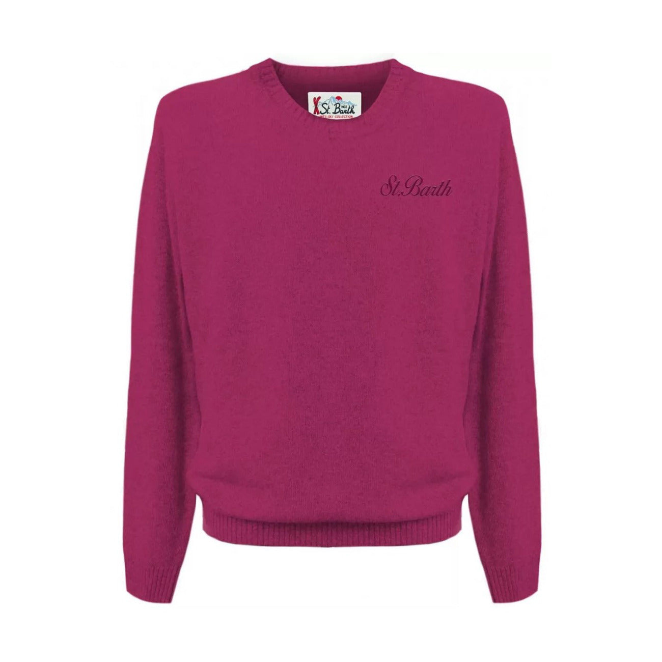 Front view of the fuchsia knitwear with crew neck and embroidered logo on a white background