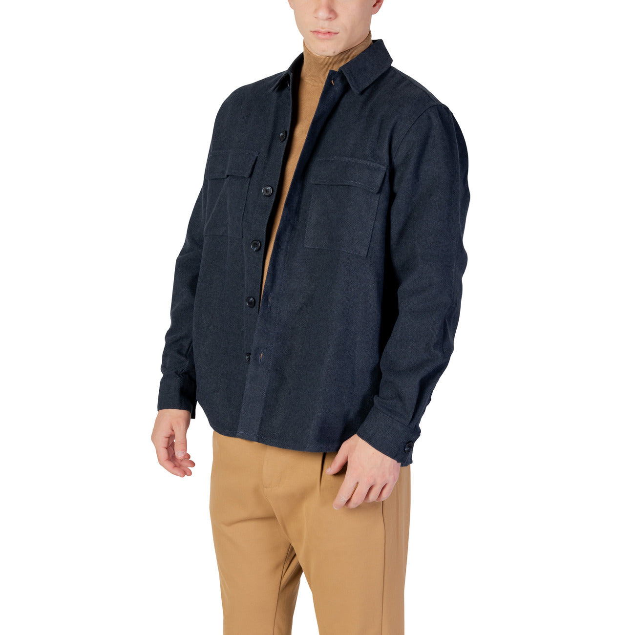 Side view of a navy blazer with a collared design and zipper closure set against a white background.