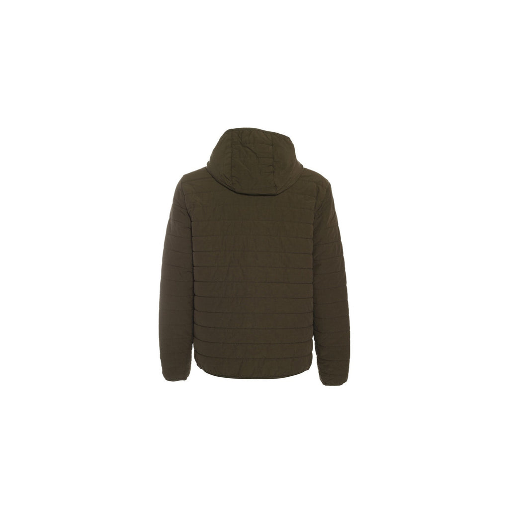 Back view of the brown jacket showcasing a simple design and hood on a white background