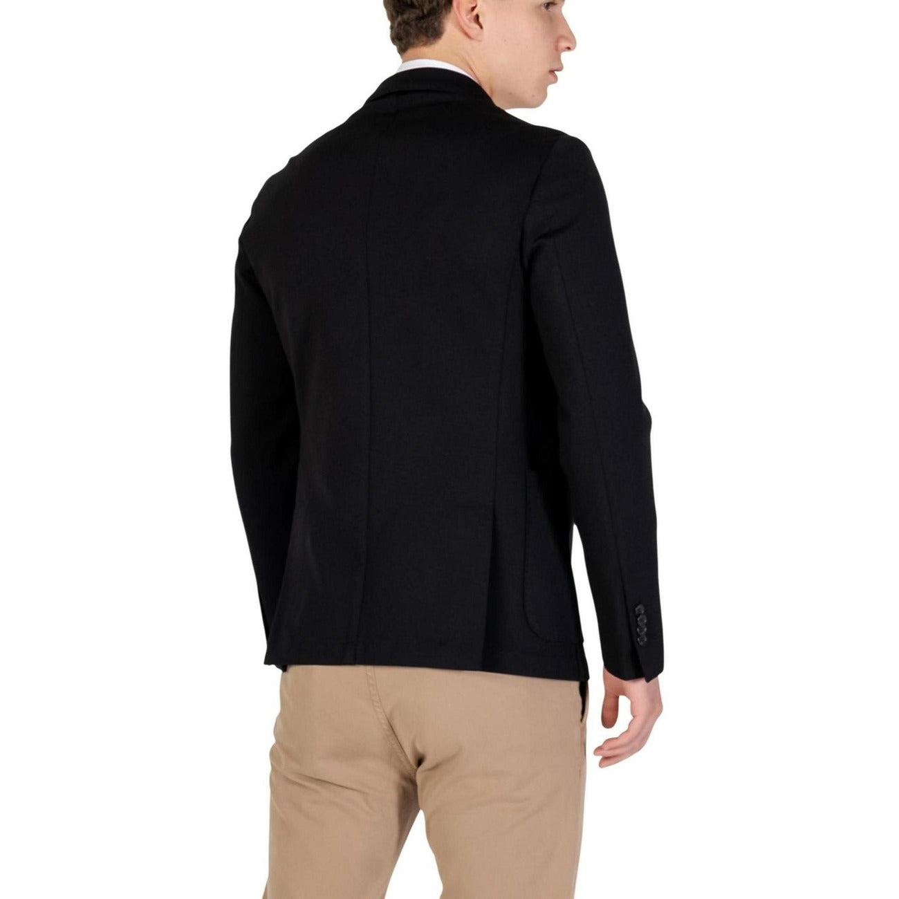 Back view of the black blazer showcasing a vented back and tailored fit on a white background