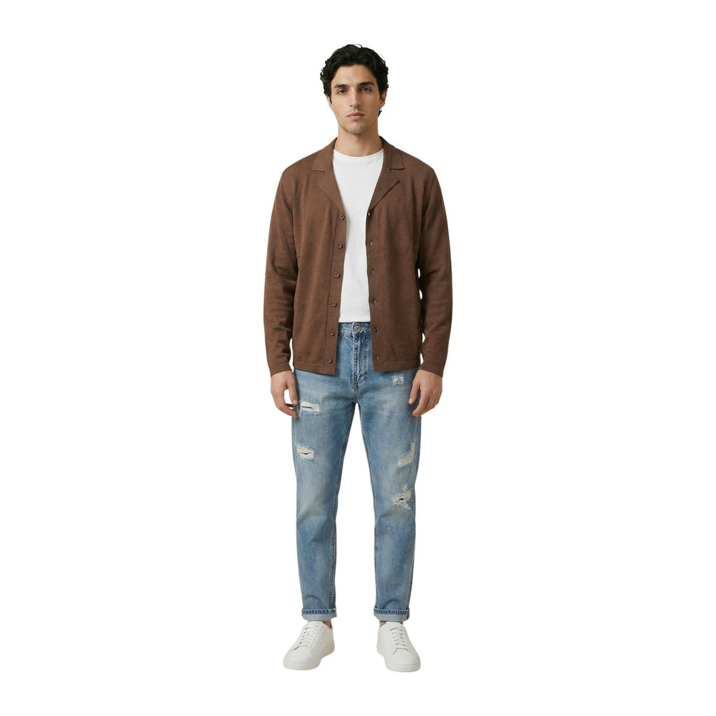 Back view of the brown cardigan with button closure and pockets on a white background.