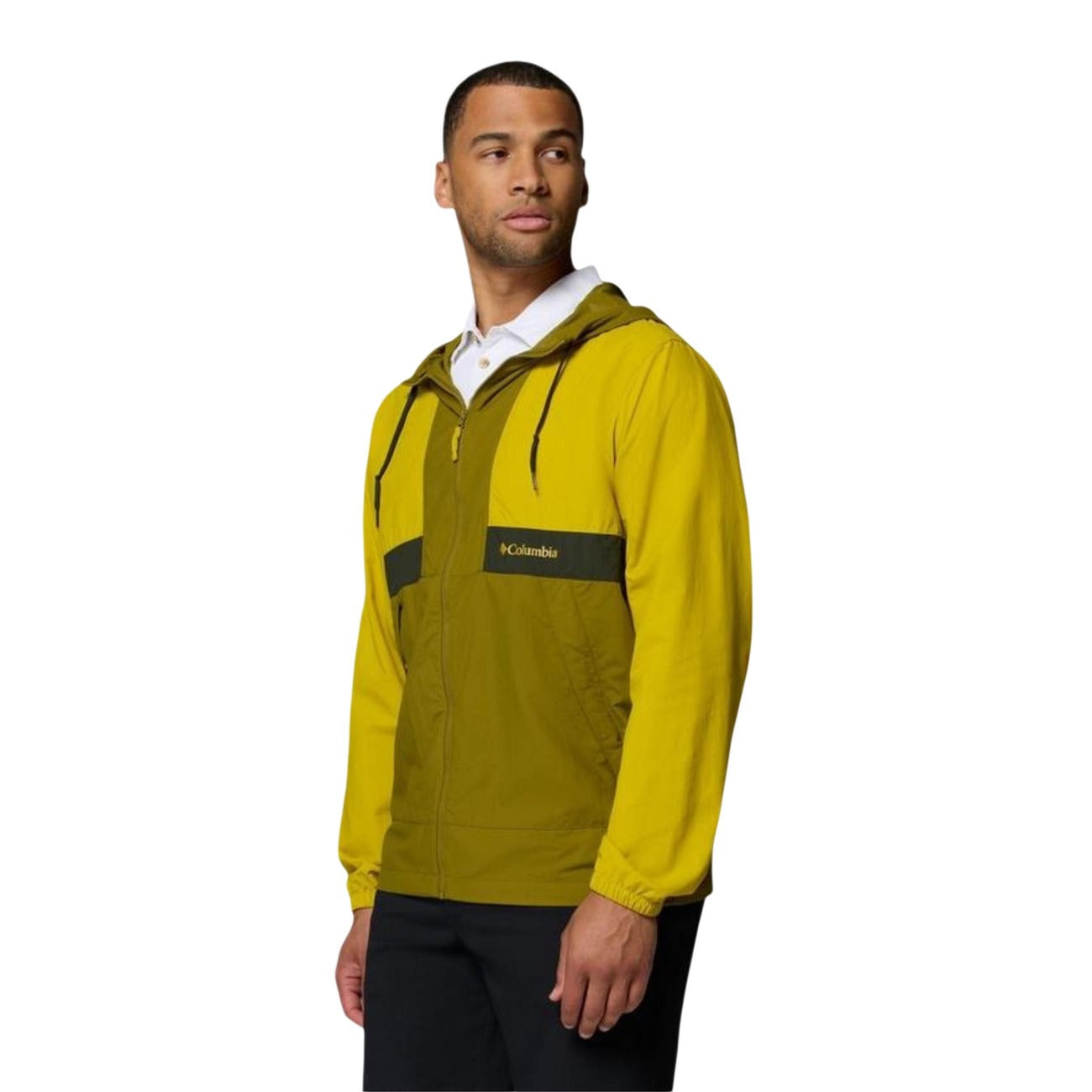 Lifestyle shot of the green Columbia men's blazer featuring a hood and zipper against a white background.