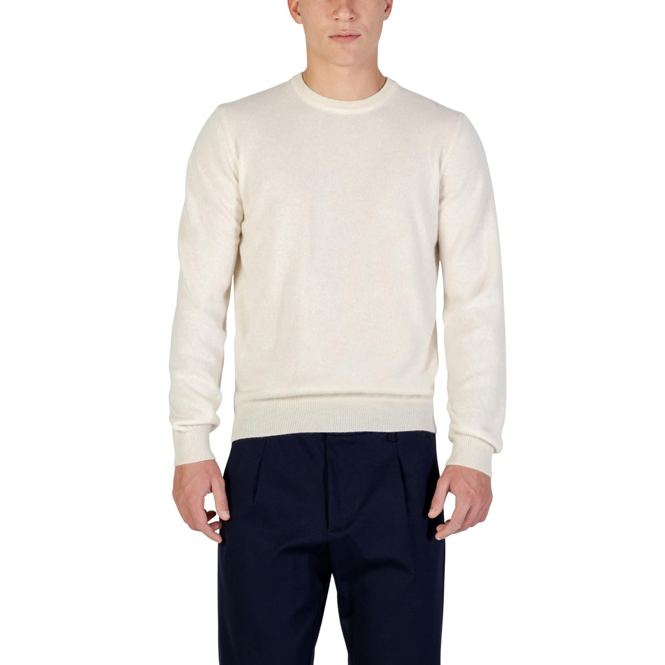 Yos Men Knitwear 100% Cashmere White – front view, round neck, long sleeves