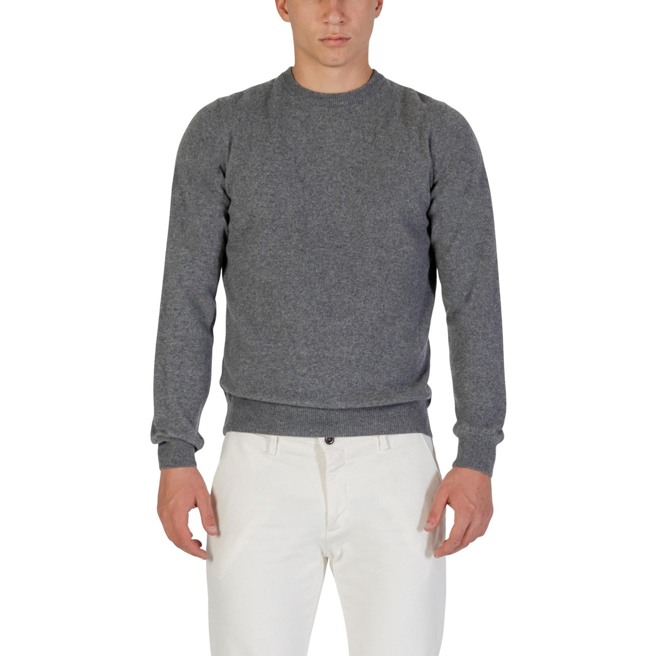 Yos Men Knitwear 100% Cashmere Grey – front view, round neck, long sleeves