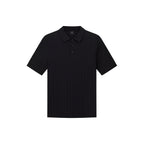 Front view of the black polo shirt featuring short sleeves and a collar on a white background.