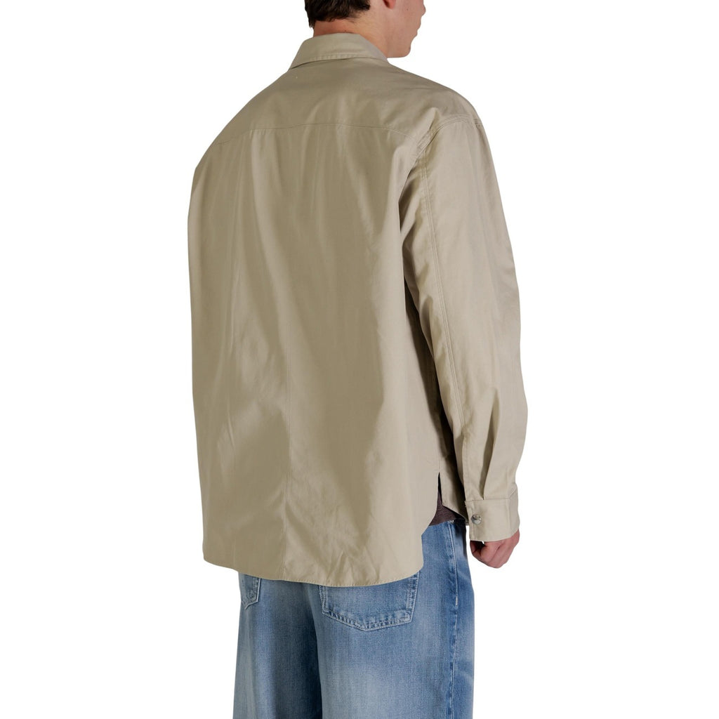 Back view of the beige blazer showcasing button closure and long sleeves on a white background