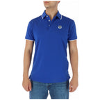 Front view of the blue polo shirt featuring a collar and short sleeves on a white background