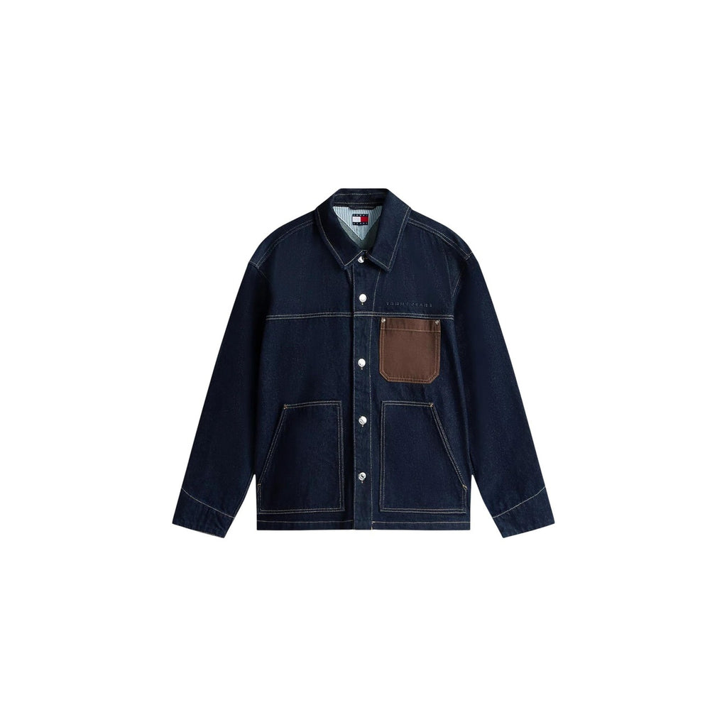Front view of a blue denim jacket featuring button closure and chest pocket.