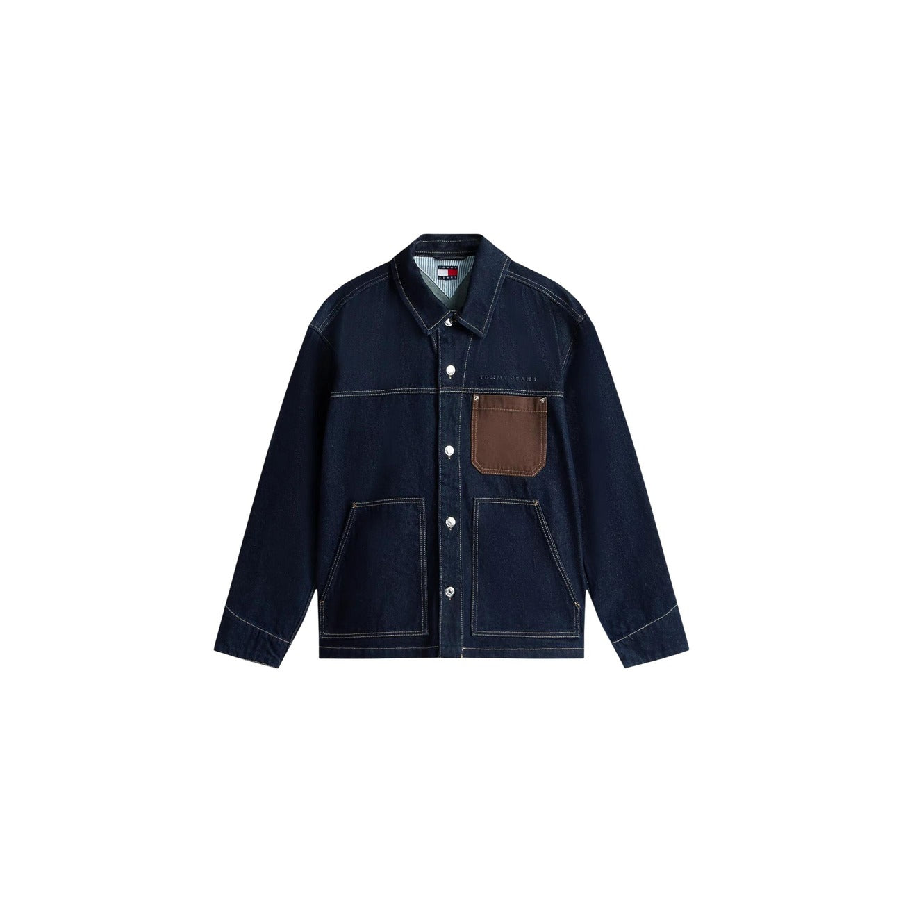 Front view of a blue denim jacket featuring button closure and chest pocket.