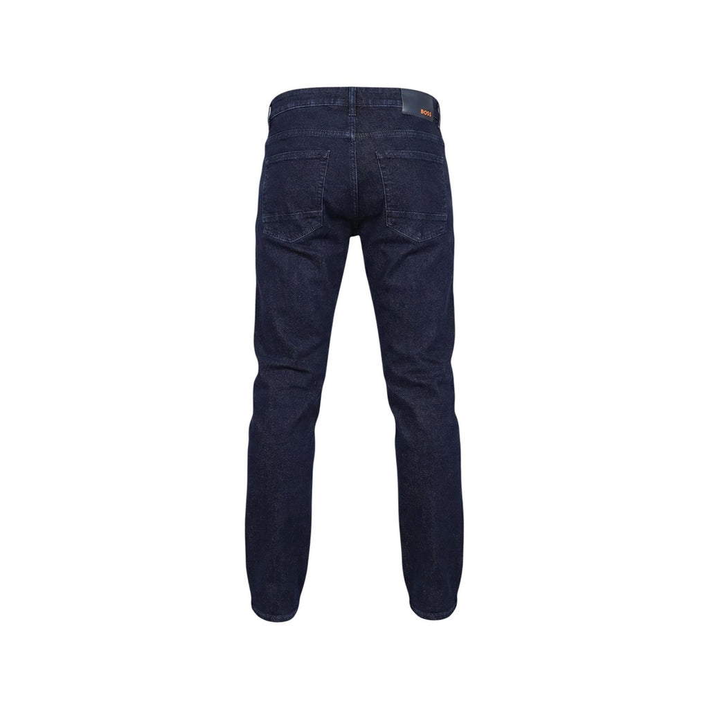 Back view of navy blue jeans showcasing a slim fit and five pockets on a white background