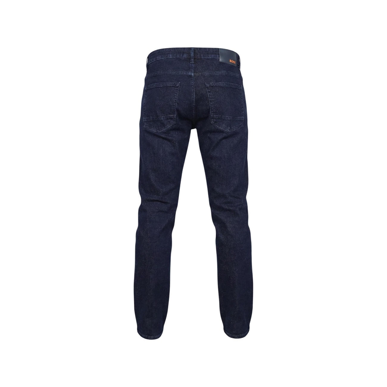 Back view of navy blue jeans showcasing a slim fit and five pockets on a white background