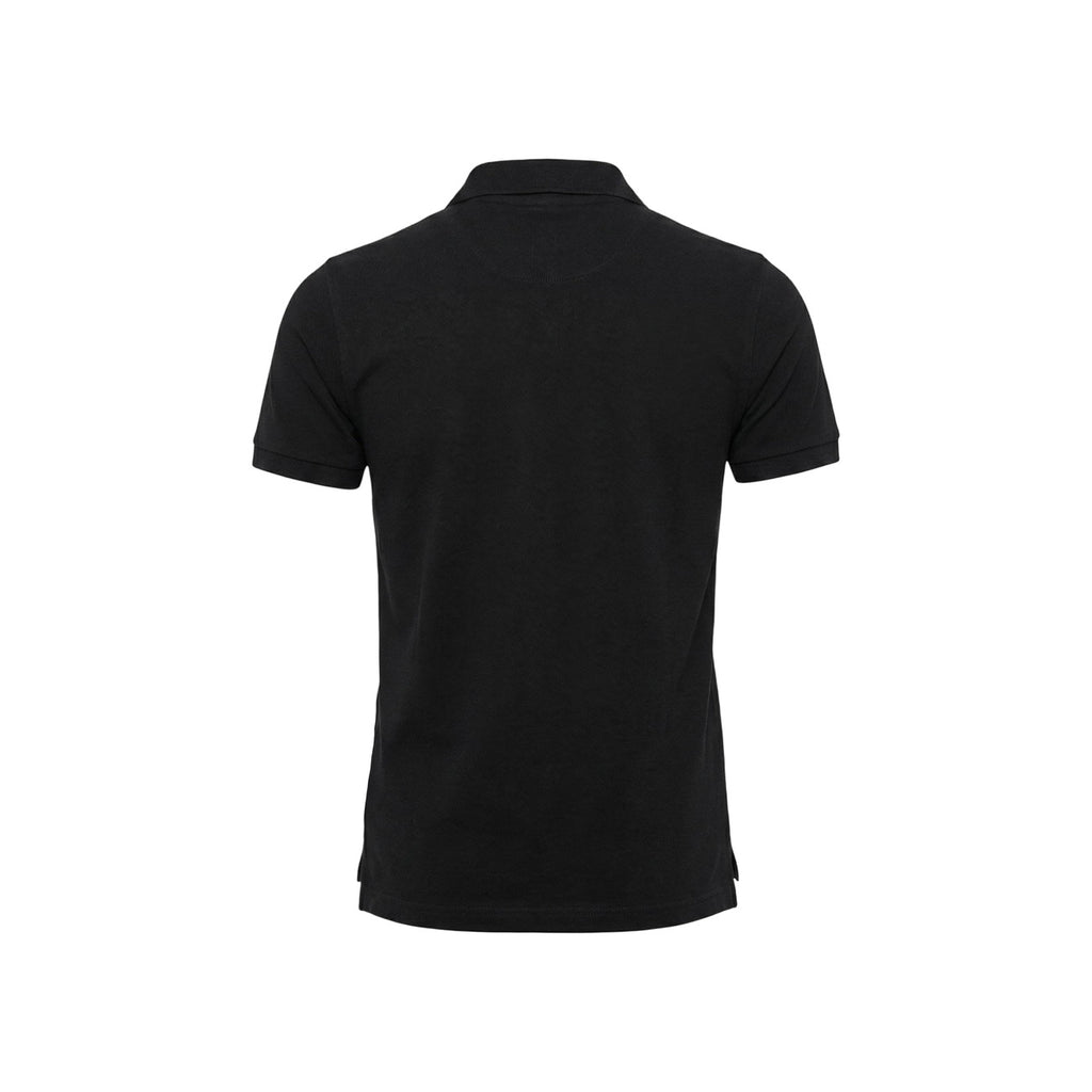 Back view of the black polo shirt showcasing the collar and short sleeves on a white background.