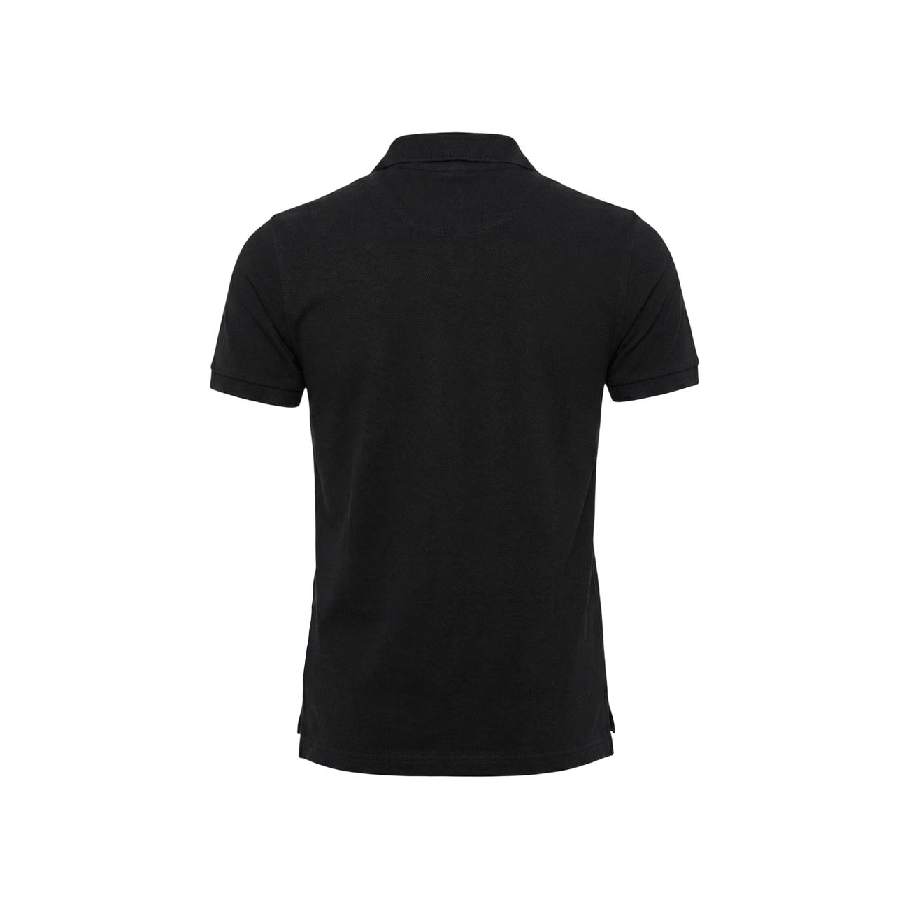Back view of the black polo shirt showcasing the collar and short sleeves on a white background.