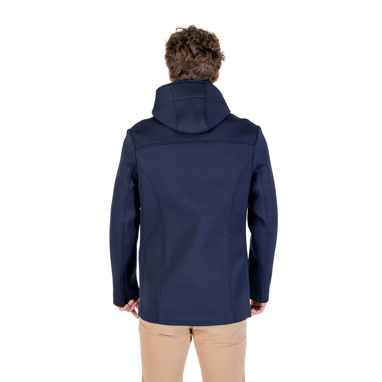 Back view of the navy Yos men's blazer with a hood and no visible closure.