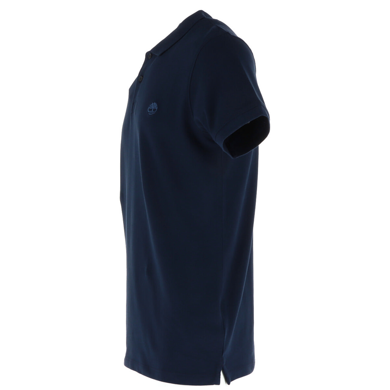 Side view of the blue polo shirt with short sleeves and a collared design displayed on a white background.