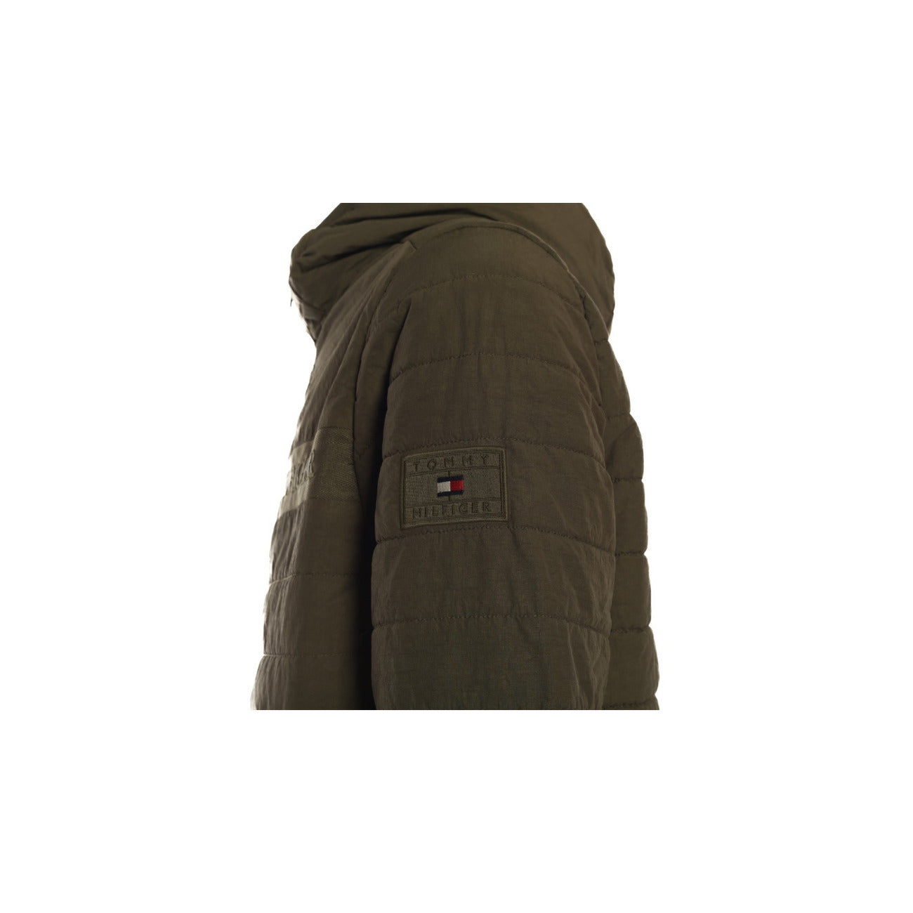 Side view of the brown jacket highlighting the textured fabric and hood on a white background