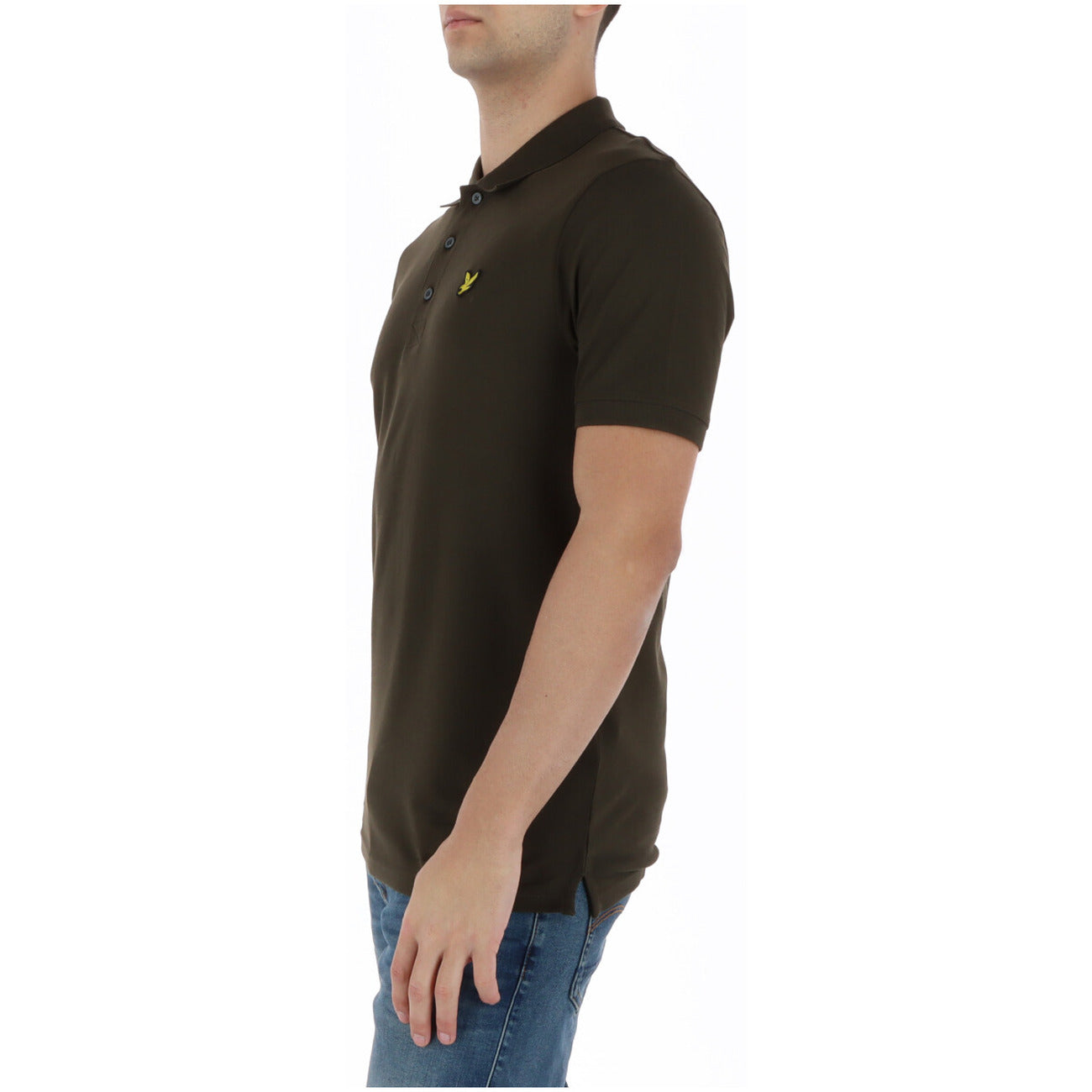 Side view of the dark green polo shirt showcasing short sleeves and a collar on a white background.