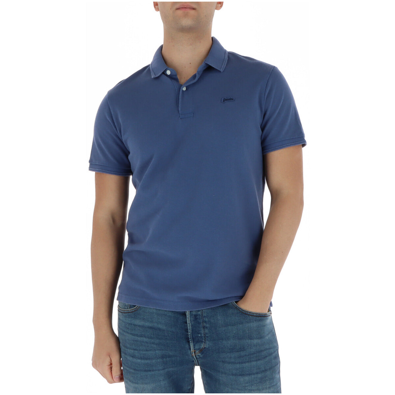 Front view of the blue polo shirt featuring short sleeves and a collar on a white background