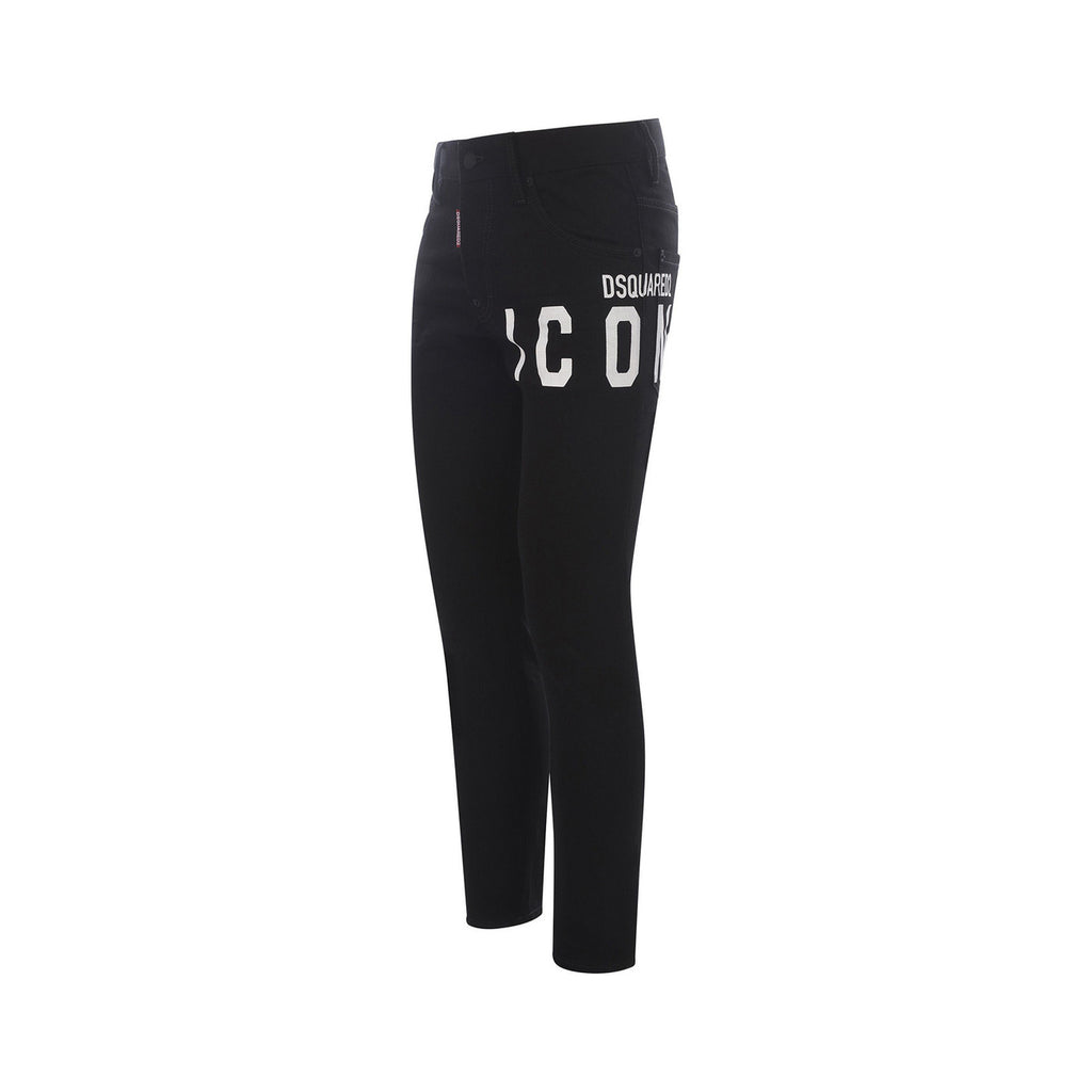 Back view of the black Dsquared jeans showcasing the logo print and slim fit on a white background.