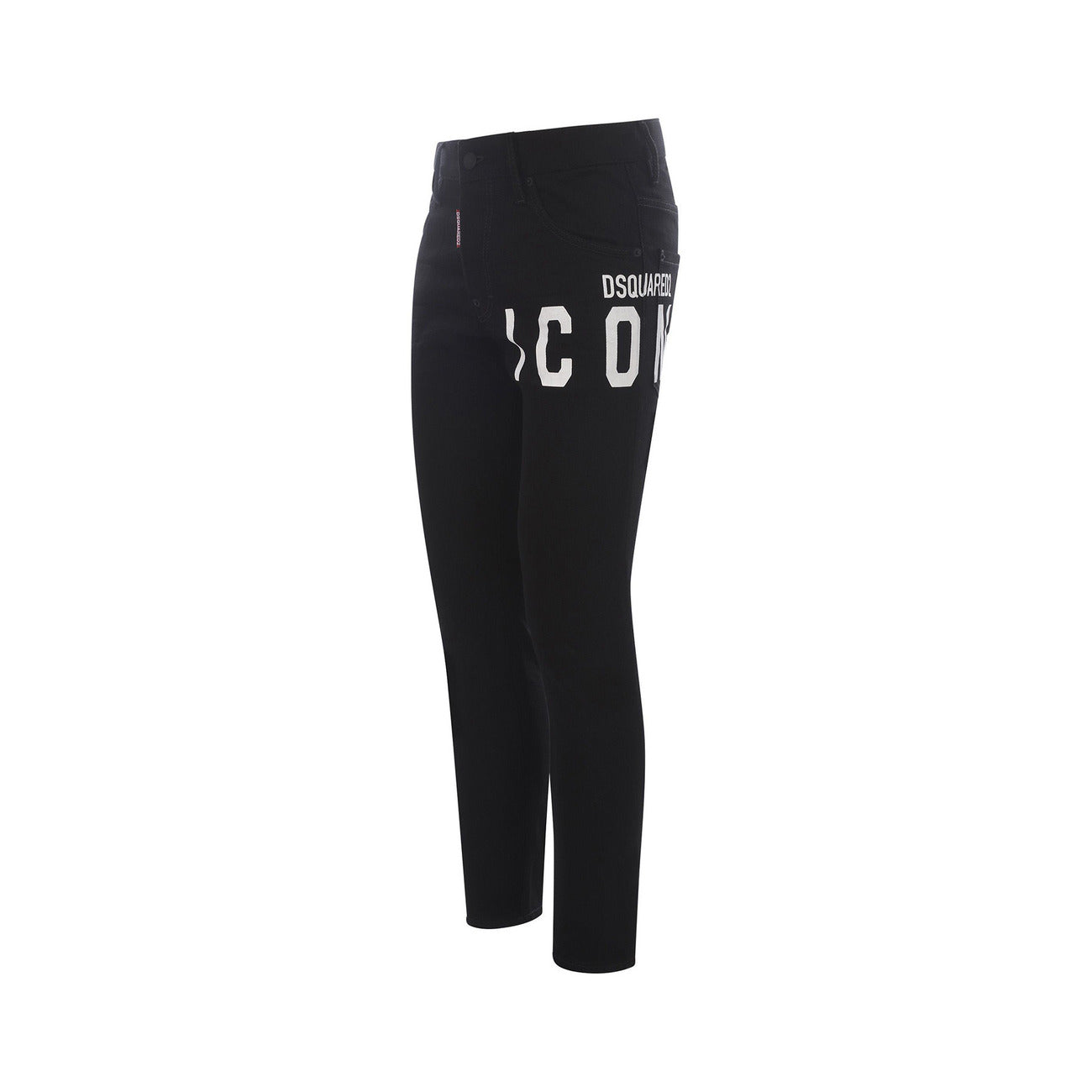 Back view of the black Dsquared jeans showcasing the logo print and slim fit on a white background.