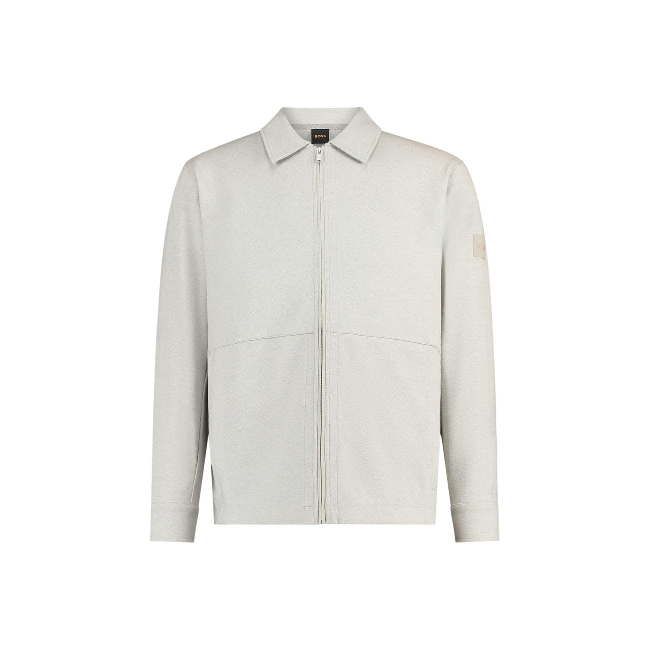 Front view of the light gray Boss polo jacket with zipper closure on a white background