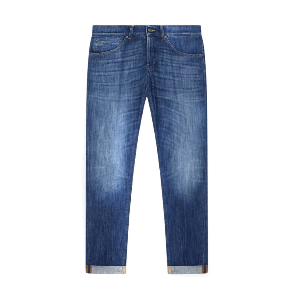 Front view of blue Dondup jeans featuring a faded wash and five pockets against a white background.