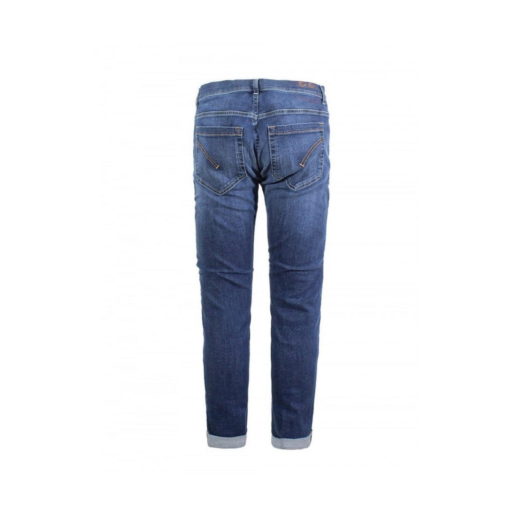 Back view of blue jeans with pockets and a slim fit on a white background
