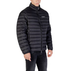 Side view of the black puffer jacket with a zipper closure and striped pattern.
