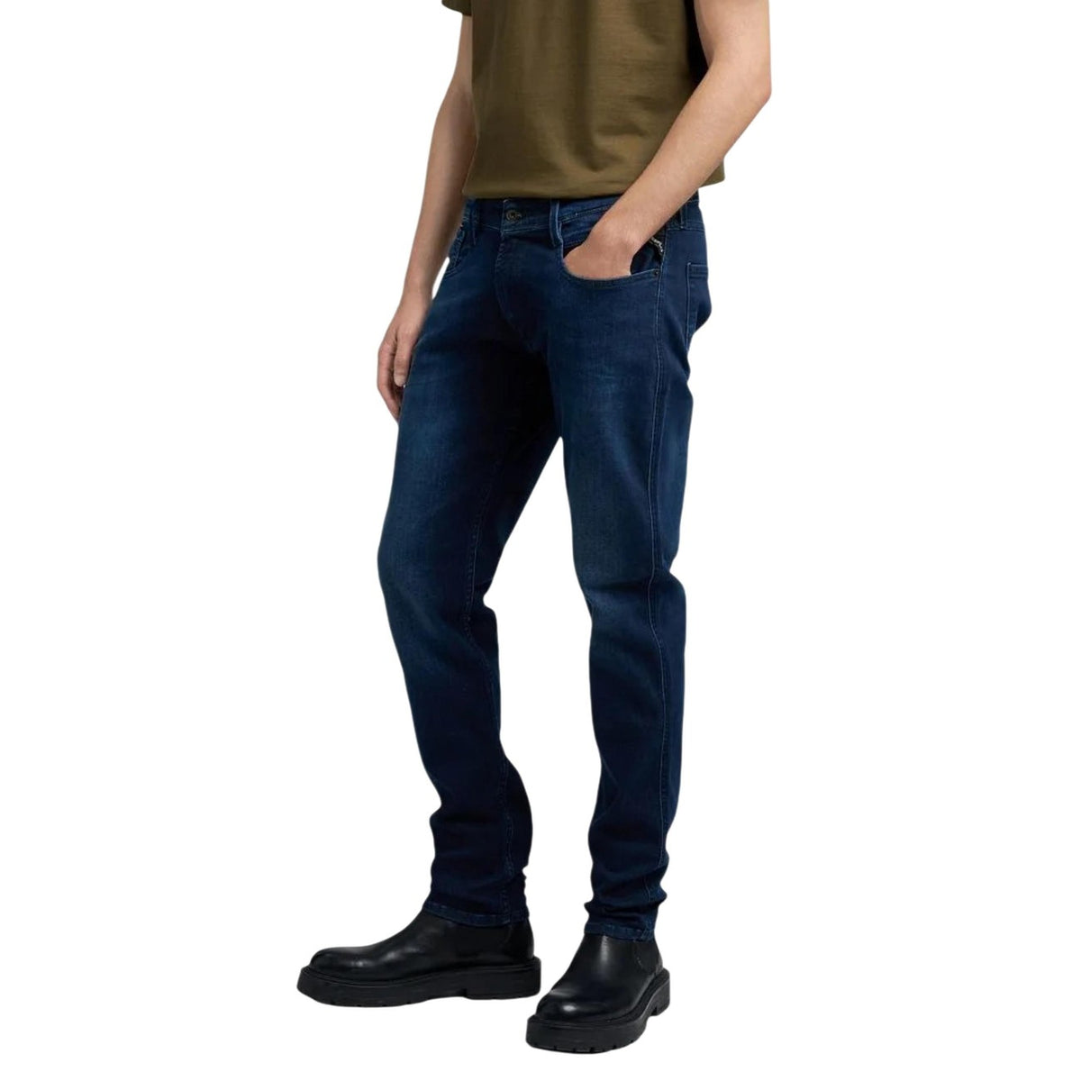 Side view of blue slim fit jeans with five pockets displayed on a white background