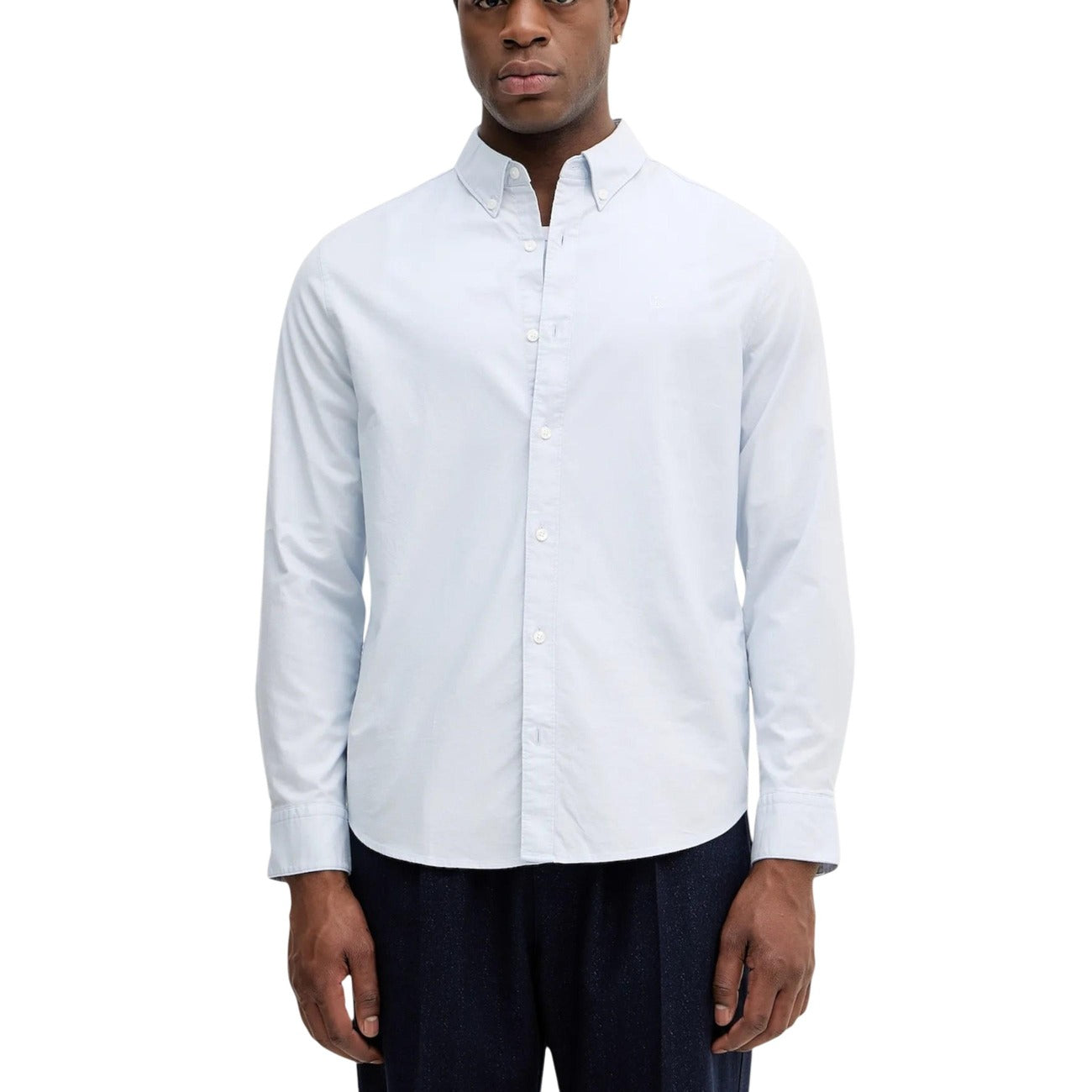 Calvin Klein Jeans Men Shirt Cotton Light Blue – front view, round neck, classic collar, long sleeves