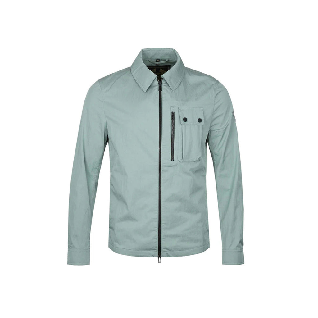 Front view of the light green Belstaff blazer featuring a zipper closure and pocket detail.