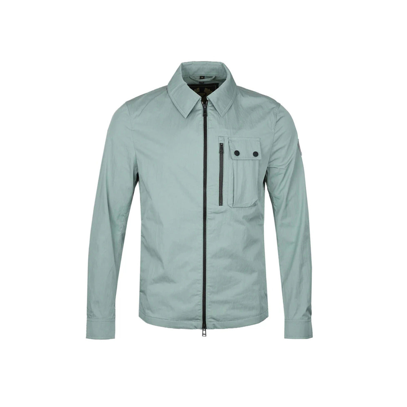 Front view of the light green Belstaff blazer featuring a zipper closure and pocket detail.