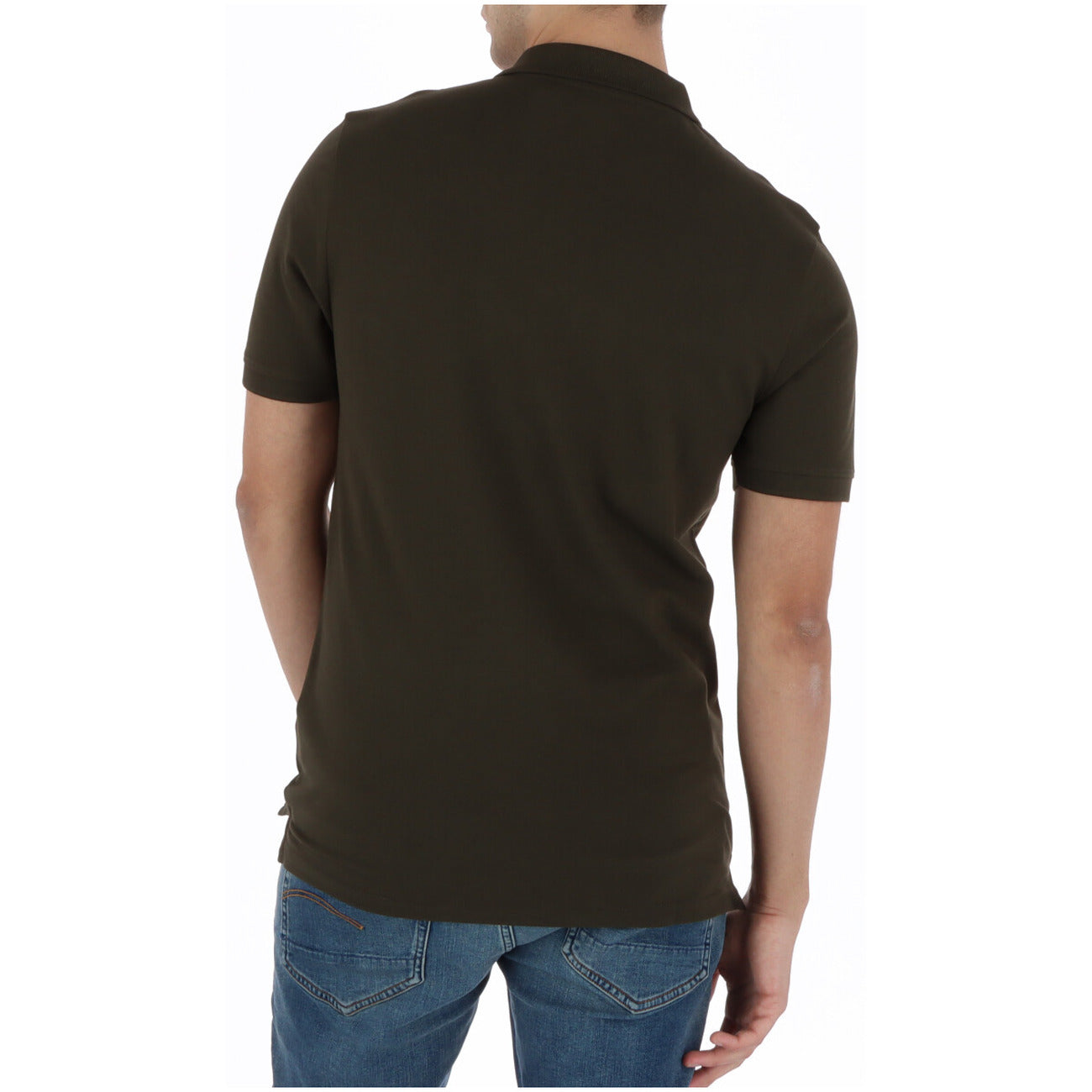 Back view of the dark green polo shirt with short sleeves and a collar on a white background.