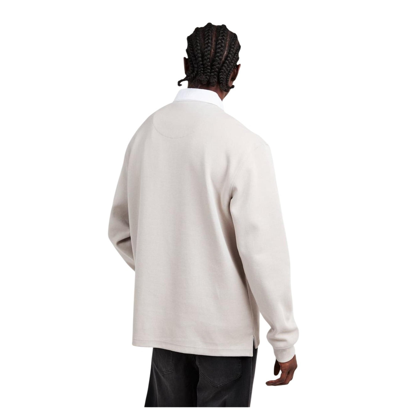 Back view of the grey long-sleeve polo shirt featuring a collared design on a white background.