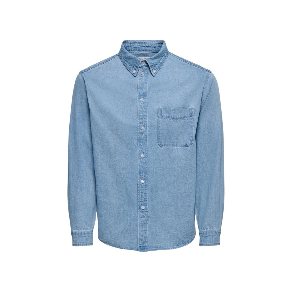 Only & Sons Men Shirt 100% Cotton Light Blue – front view, round neck, classic collar, long sleeves